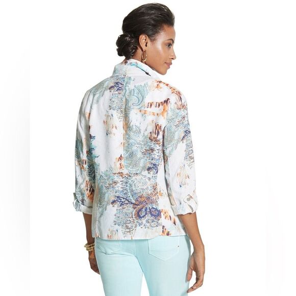 Francesca Paisley Print Open Front 100 % Linen Jacket Size L - Picture 3 of 9